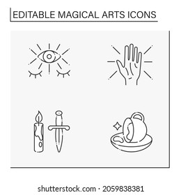 Magical arts line icons set. Fortune teller, magic rituals, coffee grounds prediction, fate lines. Rituals concept. Isolated vector illustration. Editable stroke. Vector illustration