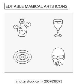 Magical arts line icons set. Brewing potion, chalice, skull symbol, aura. Rituals concept. Isolated vector illustration. Editable stroke. Vector illustration