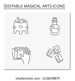 Magical arts line icons set. Brewing potion, love and death potion, magic trick, rune stones. Rituals concept. Isolated vector illustration. Editable stroke. Vector illustration