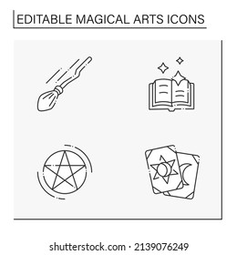 Magical arts line icons set. Witch broom, spells book, pentagram, tarot cards. Rituals concept. Isolated vector illustration. Editable stroke. Vector illustration