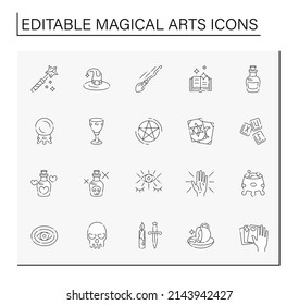 Magical arts line icons set. Witchcraft, divination, spells and potions. Rituals concept. Isolated vector illustration. Editable stroke. Vector illustration