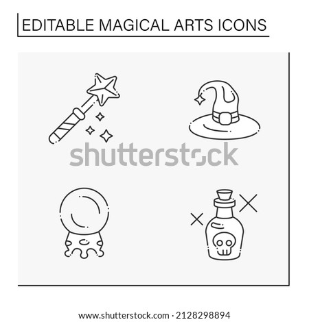 Magical arts line icons set. Witch broom, spells book, pentagram, tarot cards. Rituals concept. Isolated vector illustration. Editable stroke. Vector illustration