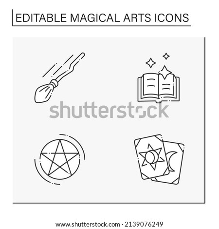 Magical arts line icons set. Witch broom, spells book, pentagram, tarot cards. Rituals concept. Isolated vector illustration. Editable stroke. Vector illustration