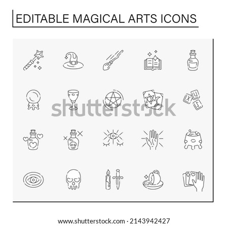 Magical arts line icons set. Witchcraft, divination, spells and potions. Rituals concept. Isolated vector illustration. Editable stroke. Vector illustration