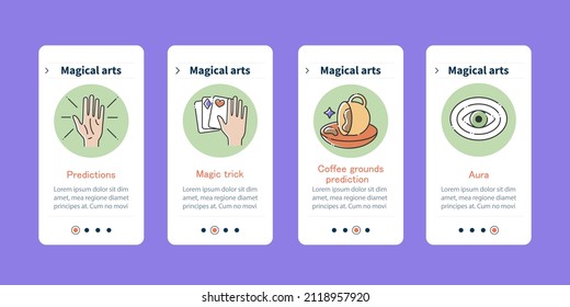 Magical arts onboarding mobile app screens. Magic trick, coffee grounds predictions and aura. Rituals steps menu. Set of UI, UX, web template with RGB color linear icons