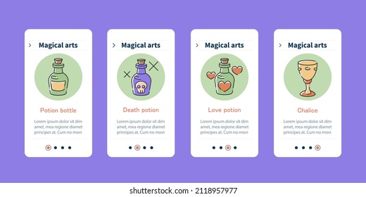 Magical arts onboarding mobile app screens. Potion bottle, poison, chalice. Rituals steps menu. Set of UI, UX, web template with RGB color linear icons