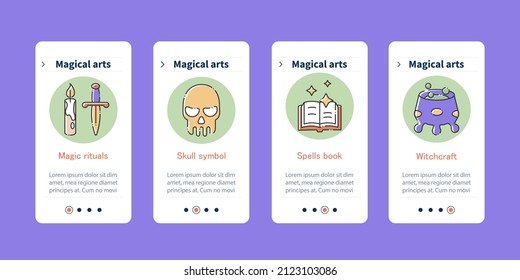 Magical arts onboarding mobile app screens. Skull symbol, spells book, witchcraft. Rituals steps menu. Set of UI, UX, web template with RGB color linear icons