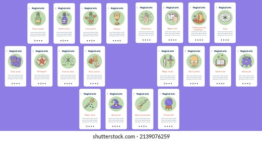 Magical arts onboarding mobile app screens. Witchcraft, divination, spells and potions. Rituals steps menu. Set of UI, UX, web template with RGB color linear icons