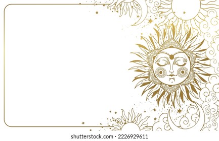 Cartel de boho astrológico mágico con espacio de copia. Sol dorado con un adorno rico sobre fondo blanco, espacio para el texto. Ilustración vectorial celestial para tarot, zodiac, esotérico, yoga.