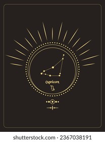 Magical astrology poster with Capricorn constellation, tarot card. Golden design on a black background. Vertical illustration, vector
