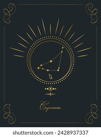 Magical astrology poster with Capricorn constellation, tarot card. Golden design on a black background. Vertical illustration, vector