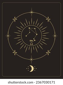 Magical astrology poster with Libra constellation, tarot card. Golden design on a black background. Vertical illustration, vector	
