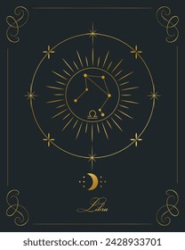 Magical astrology poster with Libra constellation, tarot card. Golden design on a black background. Vertical illustration, vector