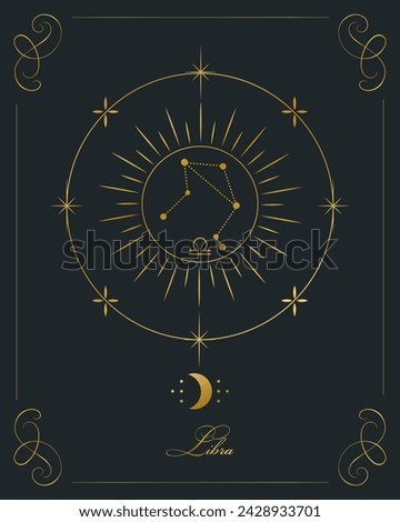 Magical astrology poster with Libra constellation, tarot card. Golden design on a black background. Vertical illustration, vector