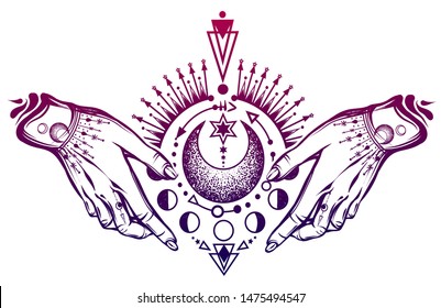 Magical astrology vector illustration.   Alchemy, spirituality and occultism magic symbol in hands, print on t-shirt, tattoo, Handmade