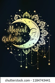 Magical autumn boho illustration. Hand painted lettering pharse with dreamcatcher.