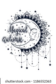 Magical autumn boho illustration. Hand painted lettering pharse with dreamcatcher.