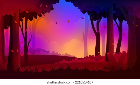 Magical autumn forest, Colorful sun rays illuminate leaves and branches of trees