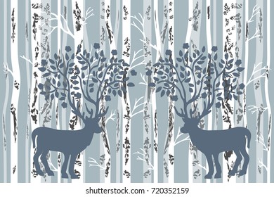 magical autumn forest. Seamless vector pattern with trees and deer on grey background. Design for cards, covers, textile inspired by folk art.