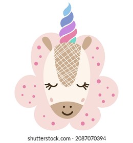 Magical Baby Unicorn Face. Vector illustration.