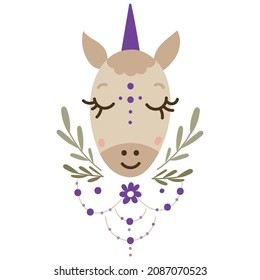 Magical Baby Unicorn Face. Vector illustration.