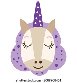 Magical Baby Unicorn Face. Vector illustration.