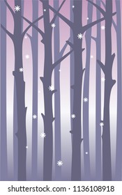 Magical background with a snowfall among the trunk of trees. 