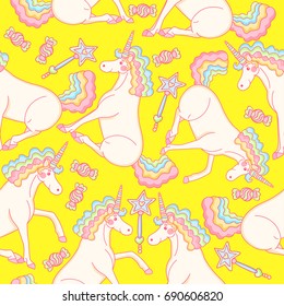 Magical background with unicorn and candy. Bright vector background. 