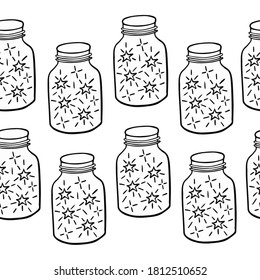 Magical bank, bottle with stars seamless pattern hand drawn illustration. Dreams come true. Doodle sparkles isolated on white background. Black icon picture.
