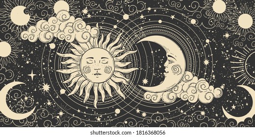 Magical banner for astrology, celestial alchemy. Heavenly art for the zodiac, tarot, device of the universe, crescent moon with a face, clouds, sun with the moon on a black background. Esoteric vector
