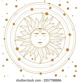 Magical banner for astrology, celestial alchemy. Golden crescent sun in the sky with clouds, moon and sun