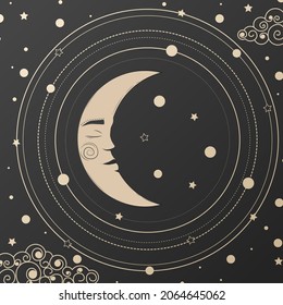 Magical banner for astrology, celestial alchemy. Golden crescent moon in the sky with clouds, moon and sun