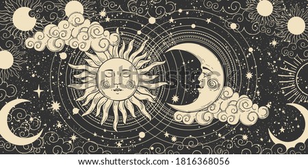 Magical banner for astrology, celestial alchemy. Heavenly art for the zodiac, tarot, device of the universe, crescent moon with a face, clouds, sun with the moon on a black background. Esoteric vector