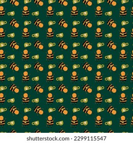Patrón infantil mágico inspirado en el abeja con una Copa Verde de fondo verde