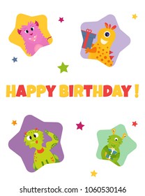 Magical birthday card with cute monsters