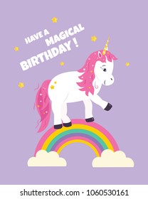 Magical birthday card with cute unicorn