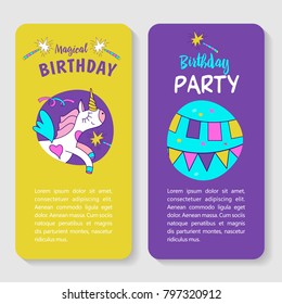 Magical birthday! Template greeting cards, invitations. Cute magical unicorn. Garland with flags, magic wand, place for your text.