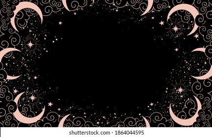 Magical black background with moon and crescent moon, place for text. Astrological banner with stars, cosmic pattern for boho design, astrology. Doodle vector illustration