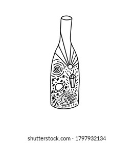 Magical black bottle with stars, planet, diamond. Astronomy astrology occult elements isolated on white background, hand drawn illustration.