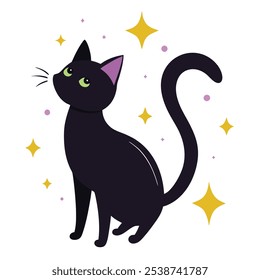 Magical Black Cat with Stars Vector Art