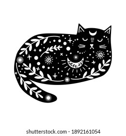 Magical black cat with white floral and celestial ornaments. Lunar witch aesthetic vector illustration. Modern Boho style doodle art svg