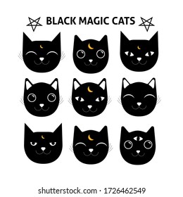 Magical black cats set. Mystery cats illustration. Emotion face.