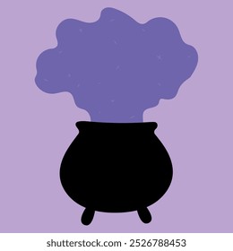 Magical Black Cauldron with Purple Potion Smoke on Lilac Background