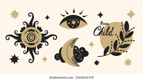 Magical black and gold celestial set. Elegant hand drawn esoteric vector collection with eye, sun, moon, crescent, branch, lettering and stars