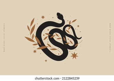 Magical black snake with magical plants on isolated background. Design element for postcard, poster, cover, packaging. Vector illustration. 