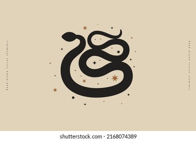 Magical black snake with stars on isolated light background. Design element for mystical cards, posters, covers, and shops. Vector illustration. 