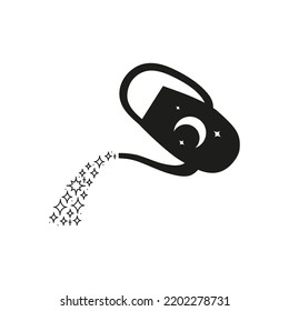 Magical black watering can with crescent moon and stars isolated on white background. Celestial boho illustration.