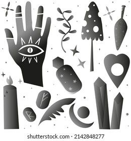 Un mágico conjunto blanco y negro de elementos brujos. Estética de la magia y la brujería. Elementos mágicos. cristales, pociones en botellas, pistas, velas. Ilustración vectorial plana, gradiente