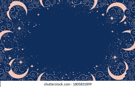 Magical blue background with moon and crescent moon, place for text. Astrological banner with stars, cosmic pattern for boho design, astrology. Doodle vector illustration