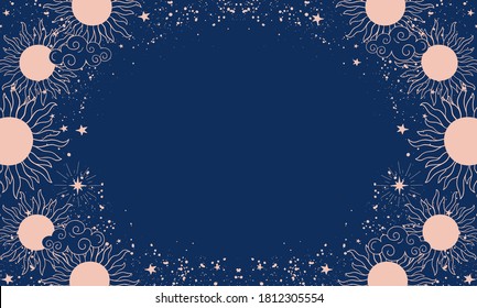 Magical blue background with sun or moon, place for text. Banner with stars, cosmic pattern for design in boho style, astrology. Doodle vector illustration